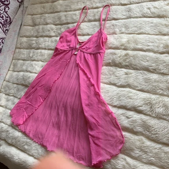 Silk&Satin pink sheer sparkling crystals open front chemise babydoll cami S - Picture 5 of 13